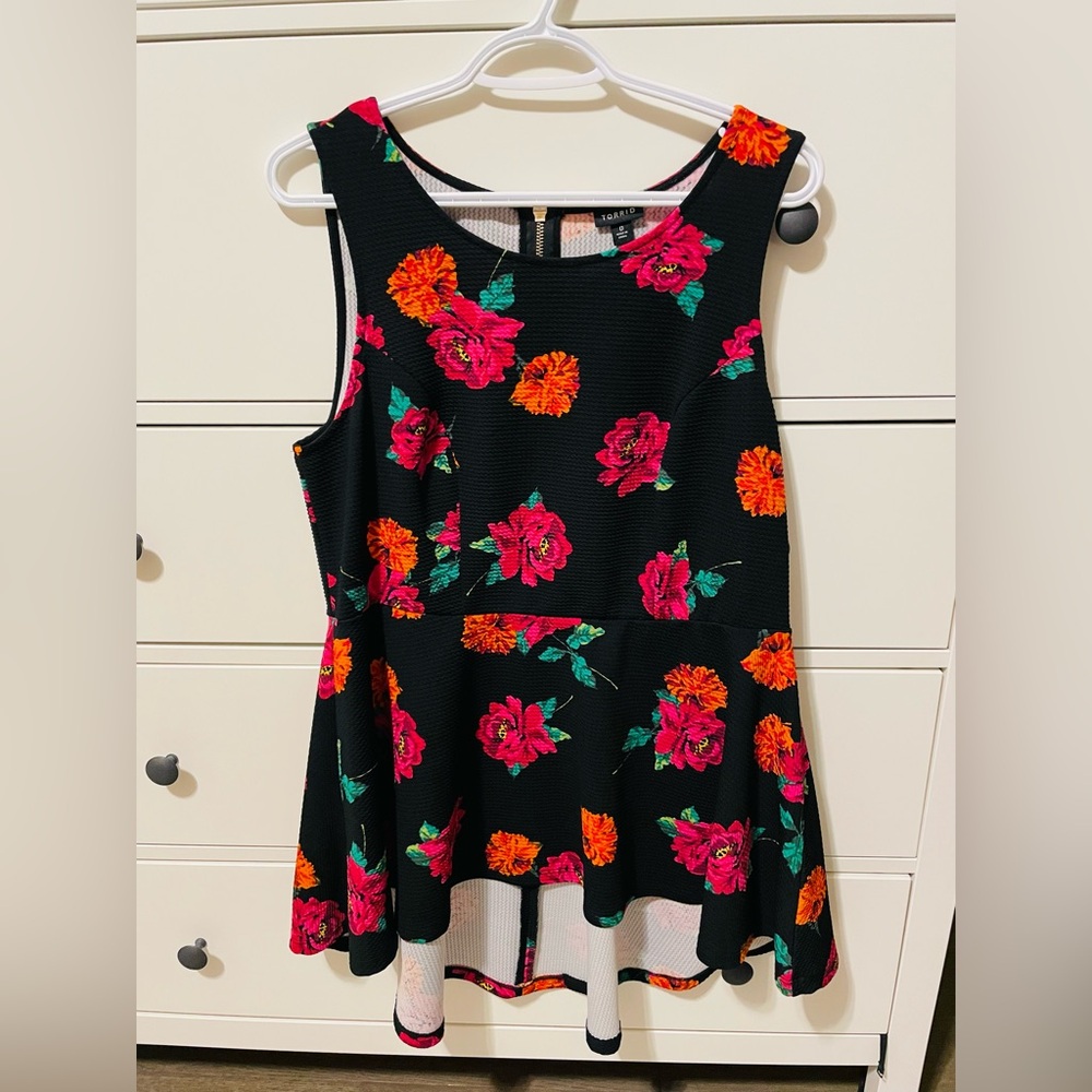 Torrid Black Sleeveless Blouse with Pink and Orange Floral Design